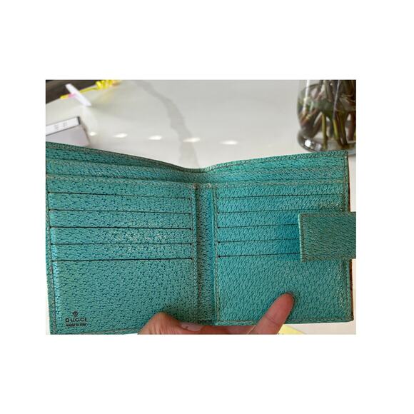 Vintage Gucci GG Canvas Bamboo French Flap Wallet Brown/Turquoise - Picture 3 of 6
